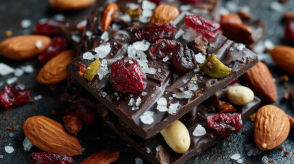 A stack of dark chocolate bark with almonds and sea salt, surrounded by scattered almonds and a bowl of almonds. Generative AI image