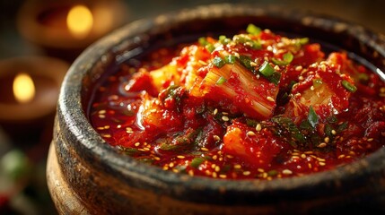 Traditional Korean Kimchi in Rustic Bowl with Vibrant Colors and Fresh Ingredients, Highlighting Authentic Asian Cuisine and Culinary Heritage