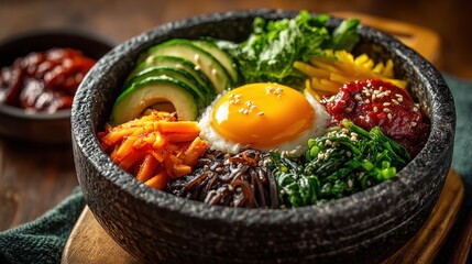 Vibrant Korean Bibimbap in Stone Bowl with Fresh Vegetables, Egg, and Spicy Sauce on Rustic Wooden Table