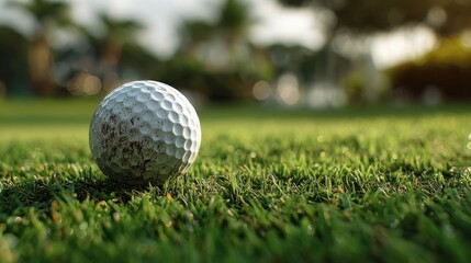 Close-Up of Golf Ball on Lush Green Grass with Blurred Background of Trees and Sky in a Serene Outdoor Setting