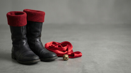 Santa boots with red ribbon and bell on gray background for holiday decoration