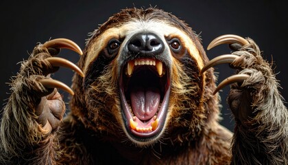 Fototapeta premium Intense gaze: Menacing sloth bear displaying claws and teeth aggression