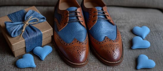 Elegant Brown and Blue Leather Shoes with Gift Box and Heart Decorations on Gray Background