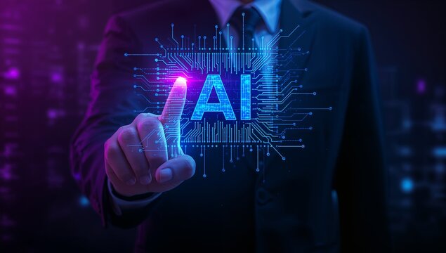 Innovative AI future with modern technology solutions, businessman touching virtual screen, presenting digital transformation and automation advancements