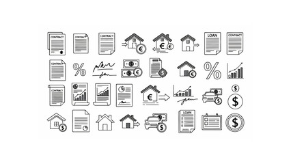 Illustration of contract documents, houses, money, and graphs representing financial transactions and loans