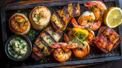 Mixed seafood grill platter - scallops, shrimp, fish. Generative AI image