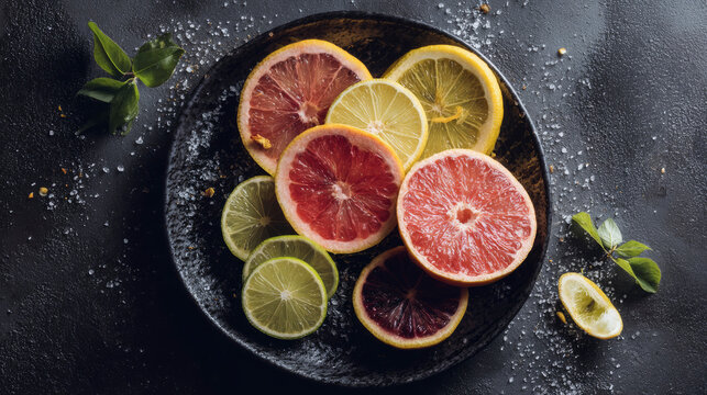 Sliced of differed kind of citrus on ceramic plate. Generative AI image