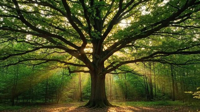 Majestic Tree in a Forest with Sunlight Shining Through the Branches.