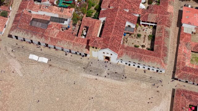 Zenithal drone view of the historic plaza mayor in villa de leyva, a colonial town in boyaca, colombia