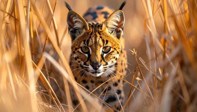 Intense gaze of a serval cat hidden among the golden tall reeds hunting