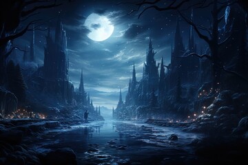 Fototapeta premium illustration dark and mysterious landscape with large moon in sky. moon is surrounded by few stars and sky is filled with clouds. scene is set in forest with river running through it
