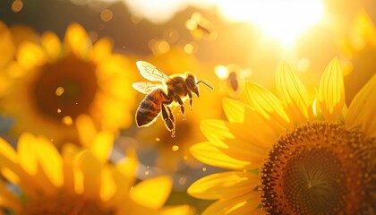 Golden hour honeybee flight among vivid sunflowers capturing nature's beauty
