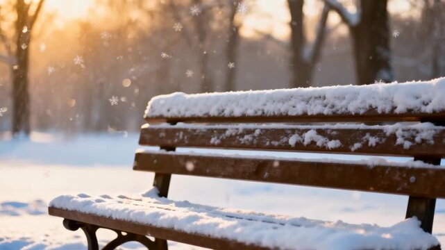 empty park bench covered in fresh snow, soft golden hour light, peaceful winter celebration mood, perfect for christmas or orthodox new year