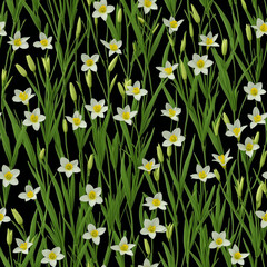 Fototapeta premium Seamless daffodil flower pattern with yellow centers and white petals on green stems, dark background floral surface - AI generated
