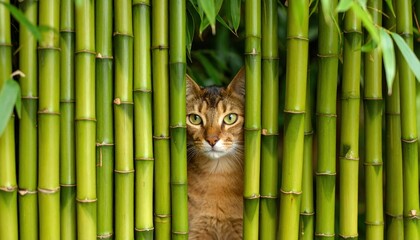 Fototapeta premium Elegant feline portrait peering through vibrant green bamboo stalks jungle backdrop