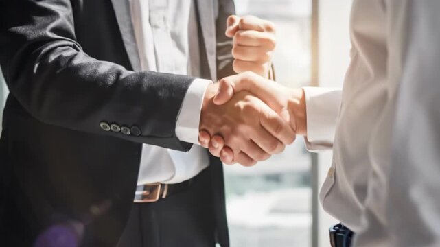 Handshake of Agreement: Two business people seal a deal with a firm handshake, symbolizing partnership and cooperation. The image captures the essence of a successful agreement, and collaboration.
