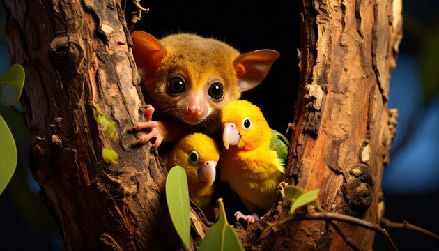 A bush baby and two vibrant parrotlets nestled securely within a tree trunk