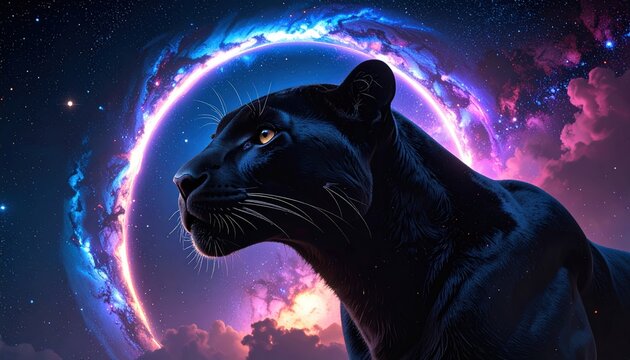 Cosmic predator black panther gazing into a vibrant nebula backdrop under starry night