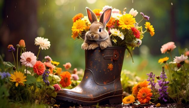 Enchanting springtime scene featuring a bunny nestled in a floral rain boot