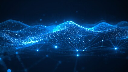 Dynamic network landscape with connected dots, perfect for showcasing digital transformation, data connectivity, and modern technology solutions in vibrant blue hues