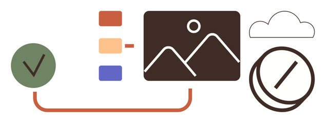 Color-coded task list, image file, cloud, checkmark, and timer connected in a workflow. Ideal for collaboration, productivity, organization, cloud storage approval time management simple flat