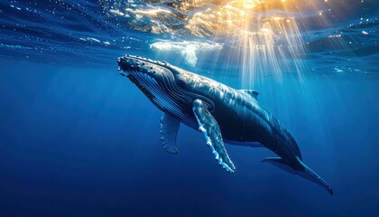 Fototapeta premium Majestic blue whale gracefully swimming underwater with sunbeams illuminating the scene
