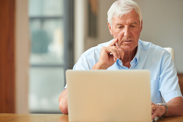 Thinking, space or old man in home with laptop, savings check or investment choice in retirement plan. Digital, reading or mature person in house with tech, account or loan decision in pension fund.