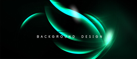 Abstract design features glowing turquoise lines over black background. Modern, dynamic composition evokes energy, movement. Simple text reads background design.
