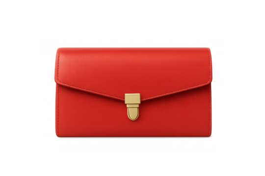 Red leather wallet with golden clasp, elegant fashion accessory for women, isolated on transparent background