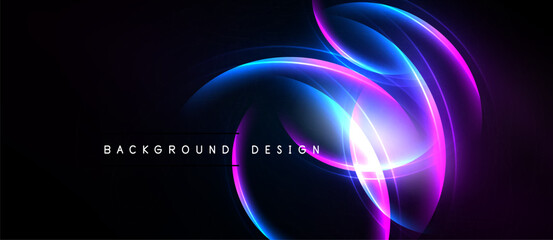 Abstract neon swirls, vibrant blue, purple hues. Dark background emphasizes glowing curves, modern design element.