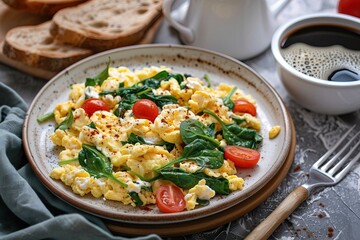 fresh breakfast scene featuring scrambled eggs with vegetables, whole grain bread, and coffee. Perfect for illustrating themes of healthy eating, home cooking, wellness, culinary enjoyment