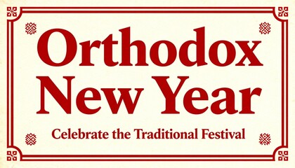 vintage style poster design with red and cream color palette, large typography "orthodox new year", subtle slavic geometric motifs