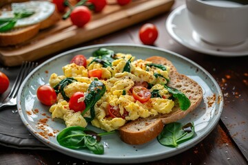 plate of scrambled eggs with spinach and tomatoes, accompanied by whole grain bread and cup of coffee. concept of healthy breakfast, nutritious meals, morning routine, balanced lifestyle