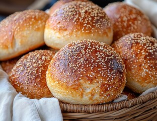 Close-up shot of golden, freshly baked homemade sesame buns arranged in a rustic woven basket with a soft cloth.