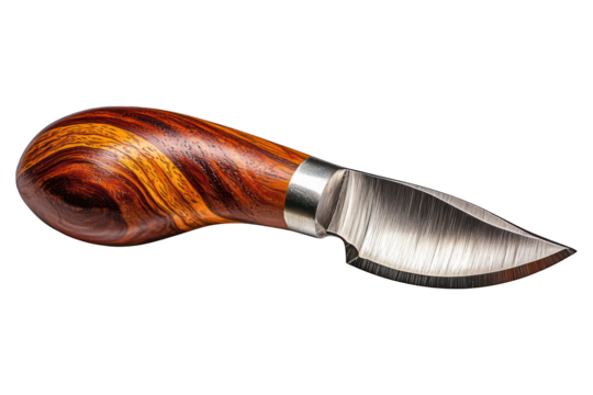 Close-up of a curved blade knife with striped wood handle, isolated on black