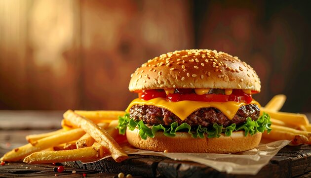 Delicious cheeseburger and golden french fries on a rustic wooden table. - Powered by Adobe