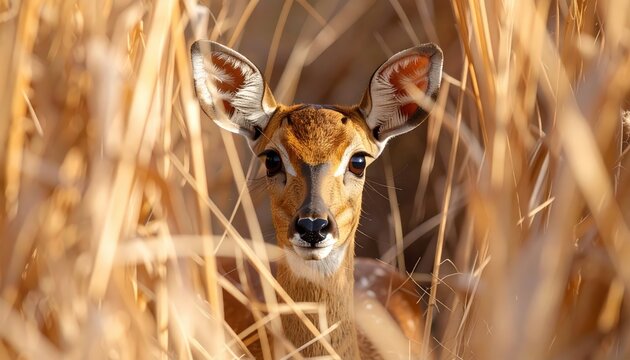Bush Duiker Stares Intently Amidst Dry Grasses in Natural Habitat View