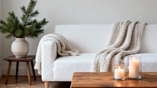 minimalist living room with winter-themed decorations, soft blankets, candles, pine branches, perfect for christmas or orthodox new year