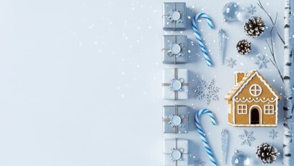 Festive christmas arrangement with gingerbread house candy canes and gifts on a light blue background