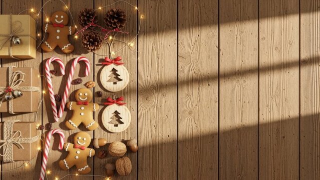 Cozy christmas flat lay with gingerbread cookies candy canes and gifts on a rustic wooden background