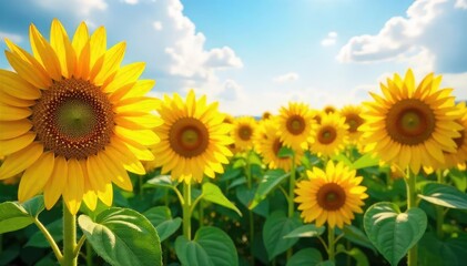 A vibrant field of towering sunflowers basking in the warm sunlight, their golden faces turned towards the sky Perfect for summer, nature, and agriculture themes , helianthus annuus, countryside