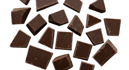Dark chocolate pieces, irregular shapes, scattered against a dark background
