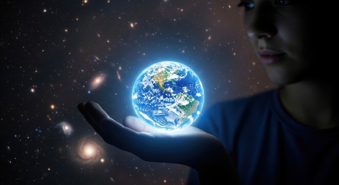 Young woman holds radiant earth globe in hand amidst a backdrop of the cosmos