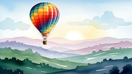 Rainbow hot air balloon over rolling hills