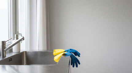 Bright cleaning gloves hanging loosely from edge of stainless steel sink