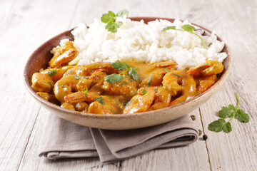 indian food, coconut shrimo curry with basmati rice