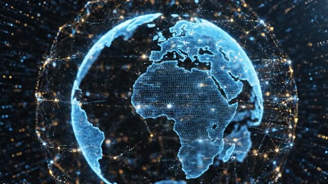 Digital globe with illuminated continents and network connections showcasing futuristic technology and communication, earth�s digital network connection with glowing nodes and dynamic global