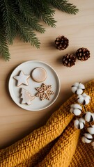 Christmas Baking Flatlay with Cookies, Knitted Blanket, and Seasonal Accents 