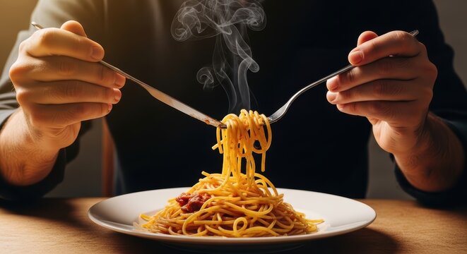 Steaming spaghetti twirled on forks, inviting culinary experience and warm comfort meal - Powered by Adobe