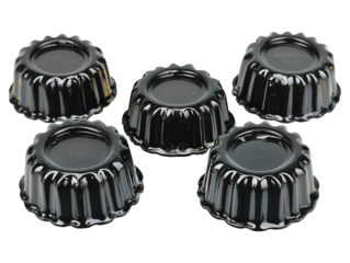 Five dark, ribbed, plastic, single-serving containers arranged on a black surface